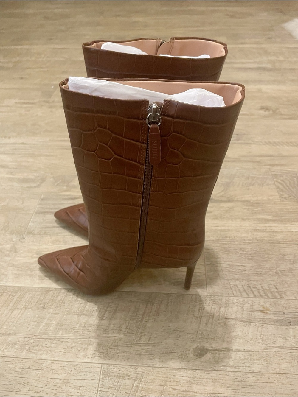 Croc-Embossed Pointed-Toe Mid-Calf Heeled Boots in Brown